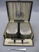 CASED GENTLEMAN'S BRUSH & COMB HOLDER SET, small heart shaped lidded pill box and a hallmarked