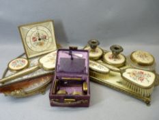 EMBROIDERED & BRASS FILIGREE PART DRESSING TABLE SETS (2), mini Edwardian travel case containing