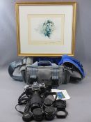 PENTAX MX SLR CAMERA, additional lenses and filters in canvas bag and a framed DAVID SHEPHERD