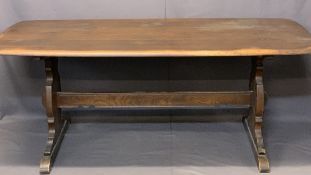 ERCOL OAK REFECTORY STYLE DINING TABLE - on pegged supports, 72cms H, 180cms L, 79.5cms W