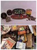 MARBLES - a good assortment including a vintage biscuit tin. Old coinage and a vintage custard