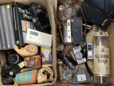 VINTAGE & LATER CAMERAS & EQUIPMENT, associated books, EPNS and brassware, ETC (2 boxes)