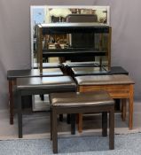MODERN BOX SEAT & OTHER PIANO STOOLS (6) and an ultra-modern large sized wall mirror, 129.5cms H,