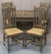 OAK BARLEY TWIST DRAW LEAF DINING TABLE & FOUR CHAIRS - with carved crest rails and back splats,