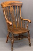 19TH CENTURY FARMHOUSE ARMCHAIR - with shaped and pierced splatback and swept arms on turned