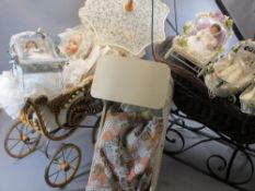 DANBURY MINT PORCELAIN HEAD DOLL 'A CHRISTENING' - in wicker type pram along with further smaller