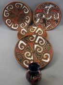 MOORCROFT ANEMONE SQUAT VASE and four Amazon clay wall chargers, the vase 12.5cms H, Cobalt