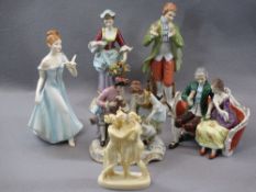 PORCELAIN & COMPOSITION CABINET FIGURINES, A COLLECTION including a Sitzendorf group of young man