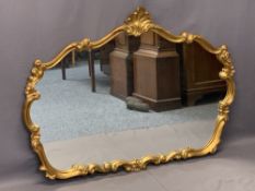 ROCOCO STYLE GILT FRAMED OVERMANTEL MIRROR - the shaped frame with shell type crest, 90cms H, 122cms