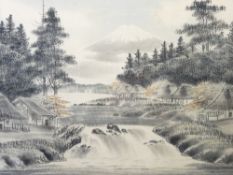 JAPANESE PAINTINGS ON SILK (2) showing dwellings beside a lake and river with snow- capped Mount