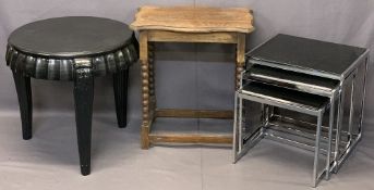 VINTAGE & ULTRA MODERN OCCASIONAL TABLES to include a set of three chrome and black glass, 50cms