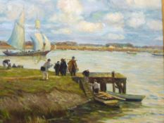 BRETON SCHOOL oil on canvas - figures about to board a boat, 50 x 60cms