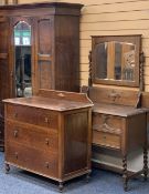 VINTAGE OAK HARLEQUIN BEDROOM SUITE, 3 PIECES - a single mirrored door wardrobe with lower drawer on