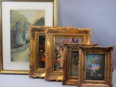 J HARPER watercolour study - a Church Tower near a bridge and four gilt framed still life studies of