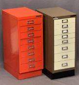 BISLEY METAL EIGHT DRAWER DOCUMENT CABINETS (2) - one red, one cream and brown, 67.5cm heights, 28cm