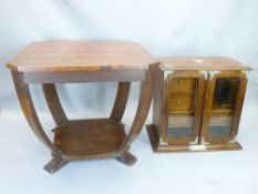 VINTAGE OAK METAL MOUNTED TWO-DOOR SMOKERS CABINET and a small Art Deco style side table, 38 and