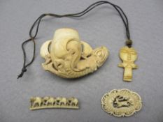 CARVED BONE JEWELLERY & A MEERSCHAUM PIPE BOWL to include a Dieppe type brooch of reticulated form