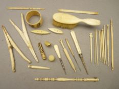 CARVED & SHAPED BONE IMPLEMENTS, A QUANTITY - a parasol form bodkin case, shuttle type winders,