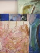 MARJORIE STODDARD large oil on canvas - a group of people, 68 x 68cms and two similar abstract oils,