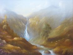 RAYMOND GILRONAN oils on canvas (3) typical mountainous scenes in Wales with scattered sheep, one