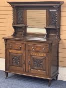 VINTAGE OAK MIRROR BACK SIDEBOARD - barley twist upper supports and carved detail to the panels over