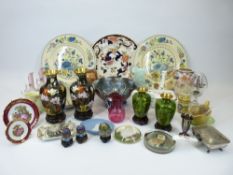 MIXED CABINET & DECORATIVE HOUSEHOLD ITEMS - Carnival, Cranberry and other glassware, Japanese
