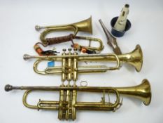 VINTAGE WIND MUSICAL INSTRUMENTS - two brass and nickel trumpets, 51.5 and 55cm lengths, bugle 30cms
