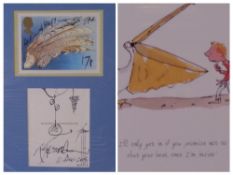 RALPH STEADMAN cartoon sketch and signature on Post Office picture card and one other, both