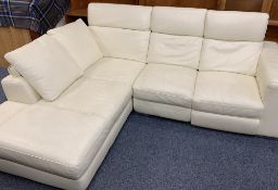 CREAM LEATHER EFFECT LOUNGE CORNER SETTEE - two sections, 94cms H, 205cms W, 100cms D and 94cms H,
