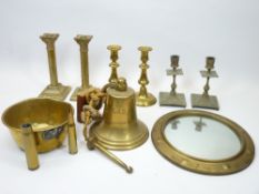 VINTAGE & MODERN BRASSWARE COLLECTION - three pairs of candlesticks, modern brass bell stamped '