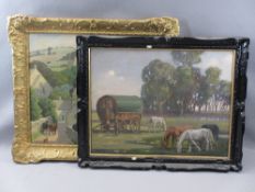 UNATTRIBUTED OILS ON BOARD (2) - a gilt framed example depicting cattle and a dog within a village