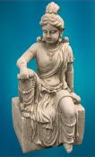 GARDEN STONEWARE - reconstituted statuary depicting an Indian deity seated upon a rectangular block,