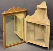 VINTAGE STRIPPED PINE CORNER WALL SHELF and a pine framed dressing mirror, 82cms H, 56cms W and