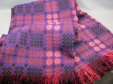 VINTAGE WELSH WOOLLEN BLANKET - with 'Derw Product' label, traditional reversible pattern in purple,