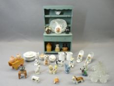 CABINET MINIATURES, JOCK & OTHER WADE FIGURINES with a small blue painted wooden dresser