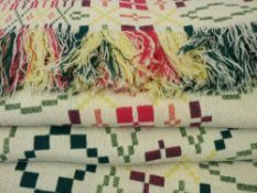 TRADITIONAL WELSH WOOLLEN BLANKET - in colourful yellow, green and red tones, reversible pattern