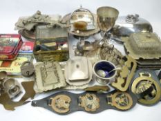 MIXED GROUP OF COLLECTABLES, IN TWO BOXES - EPNS, brassware, vintage tins and haberdashery goods,