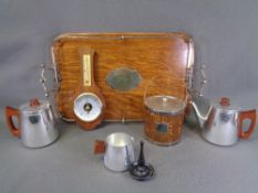 VINTAGE OAK SERVING TRAY - oblong with raised plate rail gallery and handles and central shaped