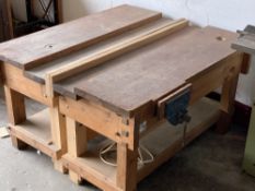 LONG WOODEN BENCH (in 2 sections) with bench vice, 84cms H, 150cms W, 130cms D