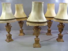 ORNATE TABLE LAMPS - six similar brass effect antique style, 64cms H (to the light bulb holder)