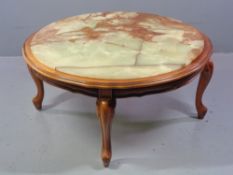COFFEE TABLE - circular onyx topped, reproduction on shaped supports, 44cms H, 92cms diameter