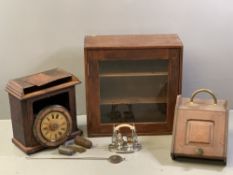 VINTAGE WALL CLOCK with pendulum and weights, single glazed door shelved cupboard, hinged front