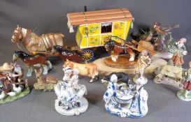 DRAY HORSE WITH TRADITIONAL TOWING CARAVAN, other ornamental horses, a Border Fine Arts deer ETC,