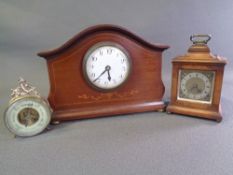 CLOCKS - mahogany mantel clock, 19cms H, 25.5cms W, 8cms D, a French mantel clock and a tabletop