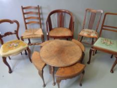 FURNITURE ASSORTMENT - five assorted antique chairs and a burr walnut circular nest of tables, 68cms