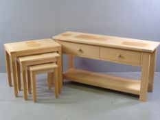 MODERN LIGHT WOOD TABLES - set of three and a similar short console table with two drawers and lower