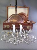 VINTAGE OLD SUITCASE, 'J S & S' copper candleholder, copper long handled warming pan, quantity of