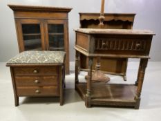 FURNITURE ASSORTMENT - polished tapestry topped piano stool, linenfold style single drawer hall