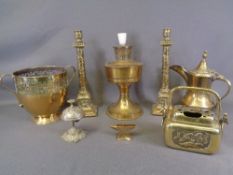 BRASSWARE - Eastern candleholders, a pair, 33cms H, an Eastern jug, swing handled censer and an