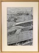 LEONARD RENTON charcoal - boats and river with distant church, initialled and dated 1980, 45 x